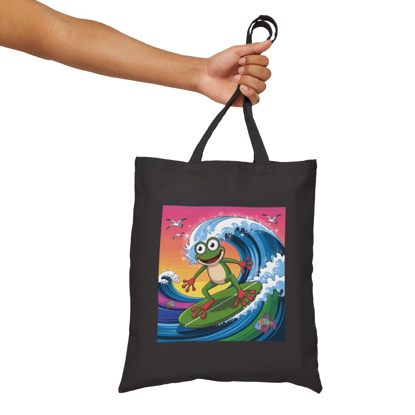 Surfing Frog Tote Bag, Beach Bag, Reusable Shopping Bag, Eco-Friendly Canvas Bag, Summer Vibes Tote, Fun Gift for Nature Lovers