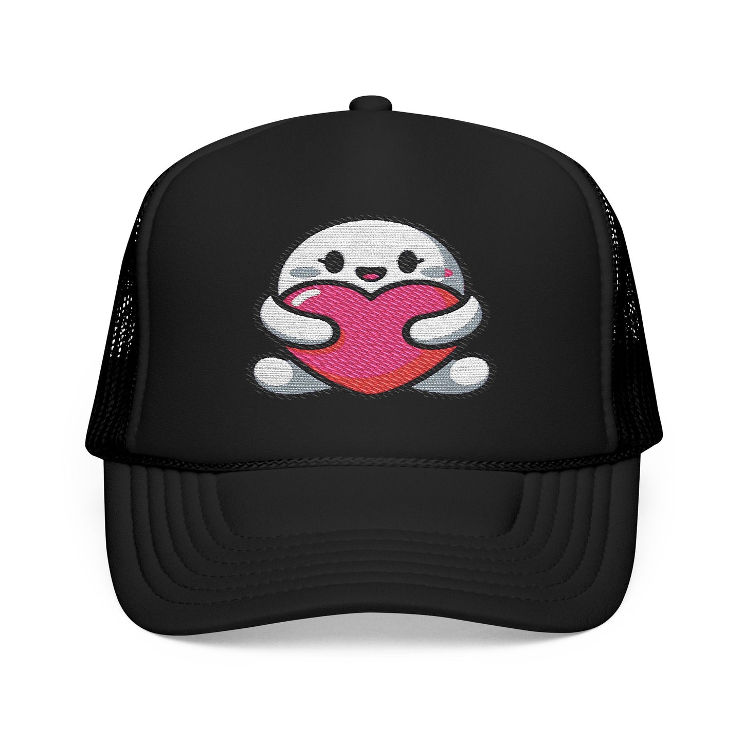Cute Heart Hugging Foam Trucker Hat | Embroidered Hat | Gift for Loved Ones | Casual Outfit Accessory | Valentine’s Day | Birthday Hat