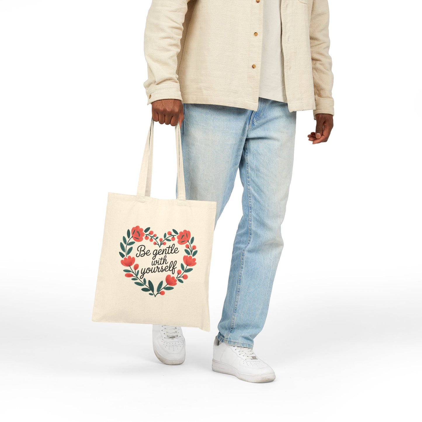 Heartfelt Cotton Canvas Tote Bag | Be Gentle with Yourself | Eco-Friendly Shopping Bag, Gift for Her, Self-Care Reminder, Floral Tote