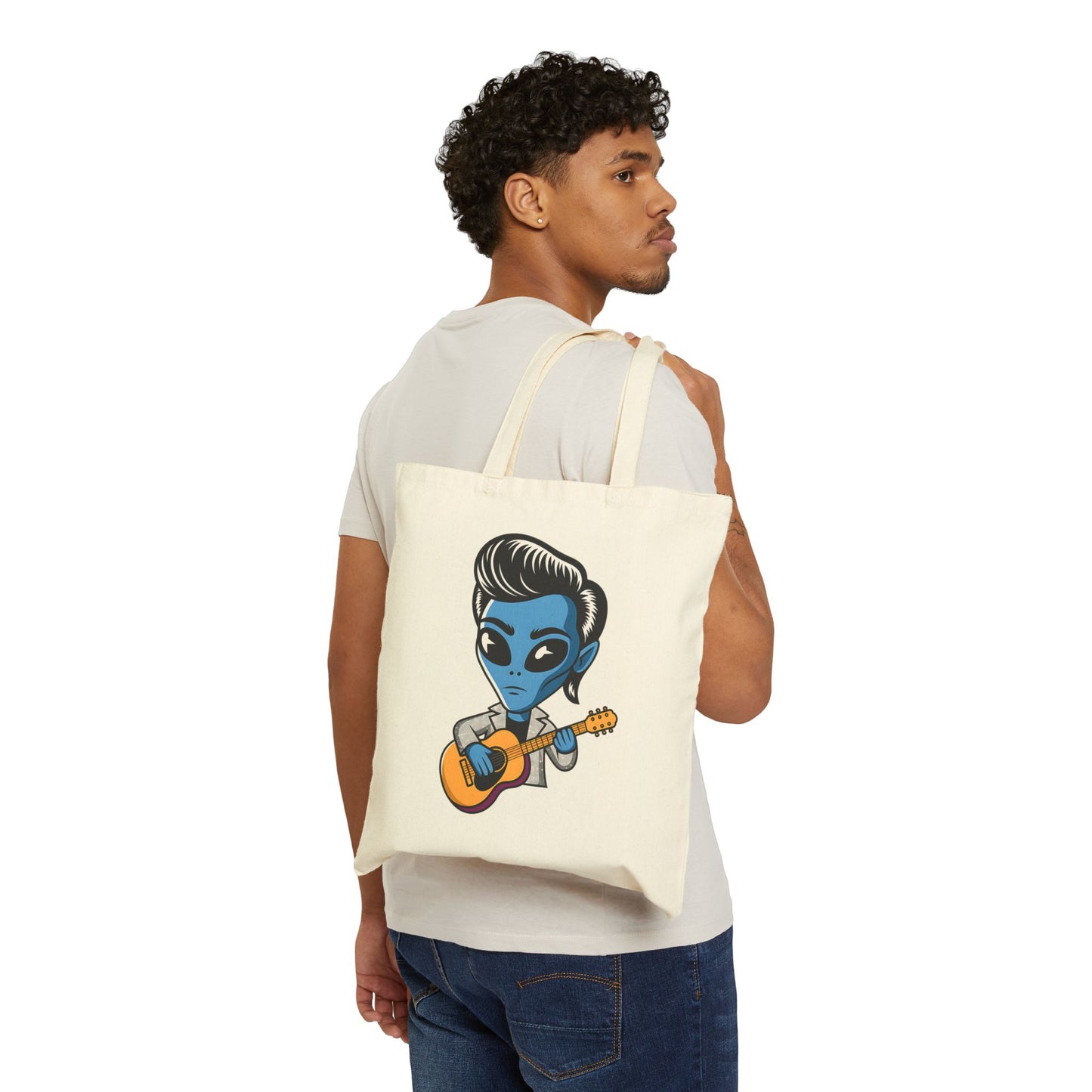 Alien Guitarist Cotton Canvas Tote Bag, Eco-Friendly Shopping Bag, Music Lover Gift, Cute and Quirky Tote, Festival Essential