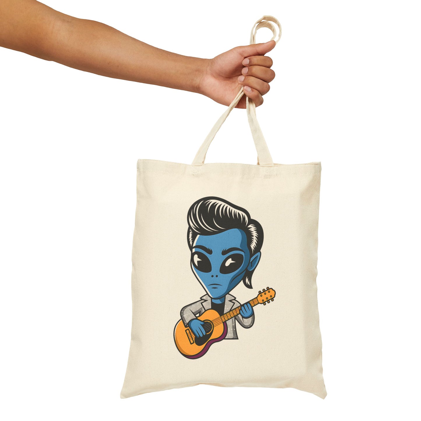 Alien Guitarist Cotton Canvas Tote Bag, Eco-Friendly Shopping Bag, Music Lover Gift, Cute and Quirky Tote, Festival Essential