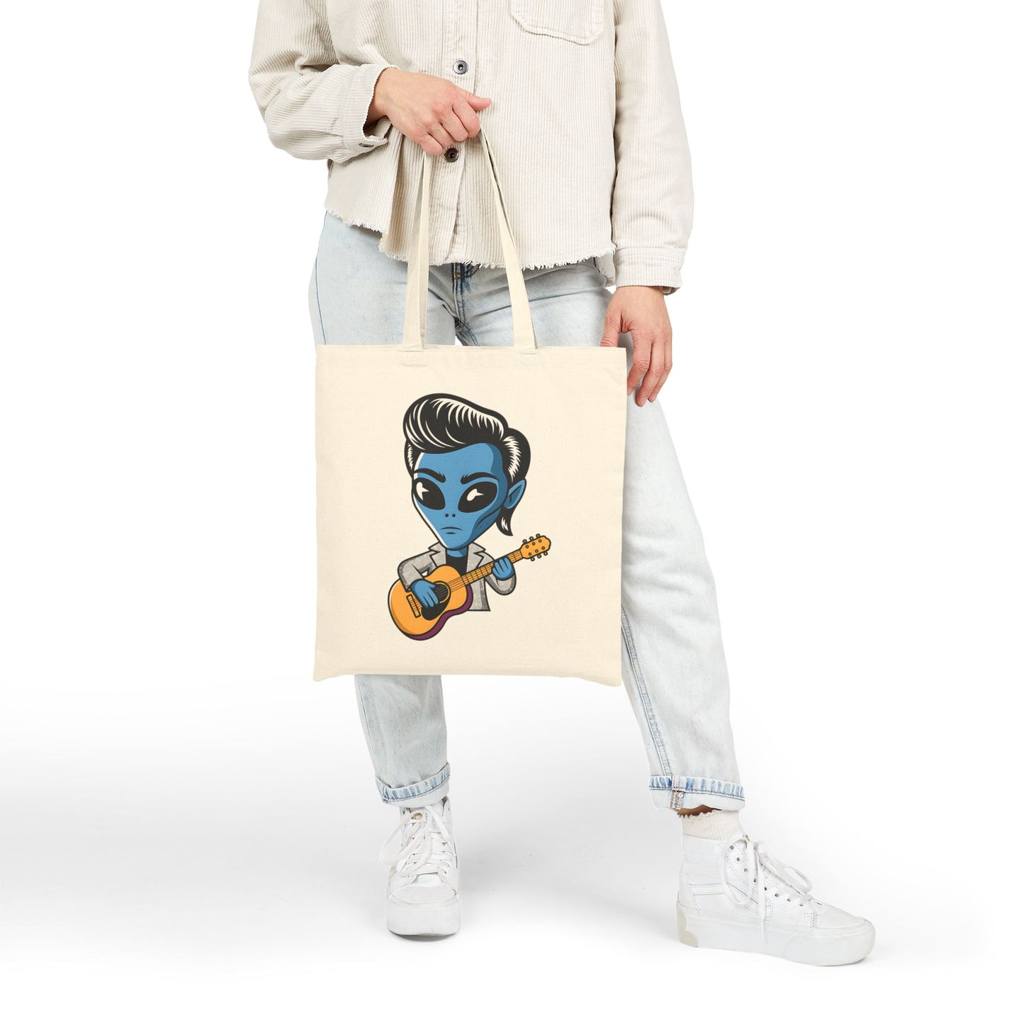 Alien Guitarist Cotton Canvas Tote Bag, Eco-Friendly Shopping Bag, Music Lover Gift, Cute and Quirky Tote, Festival Essential