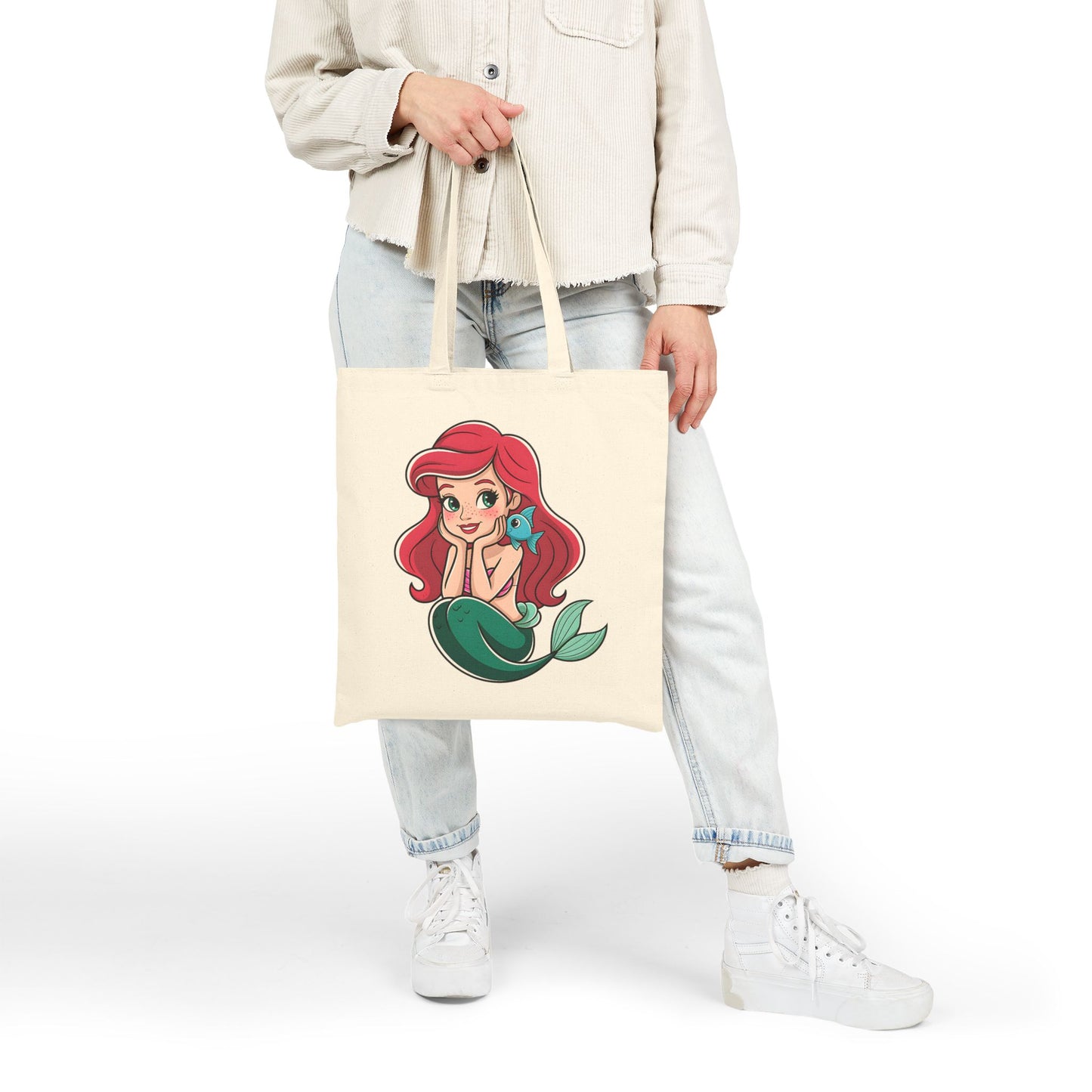 Mermaid Themed Cotton Canvas Tote Bag, Eco-Friendly Shopping Bag, Beach Tote, Gift for Ocean Lovers, Cute Drawstring Bag