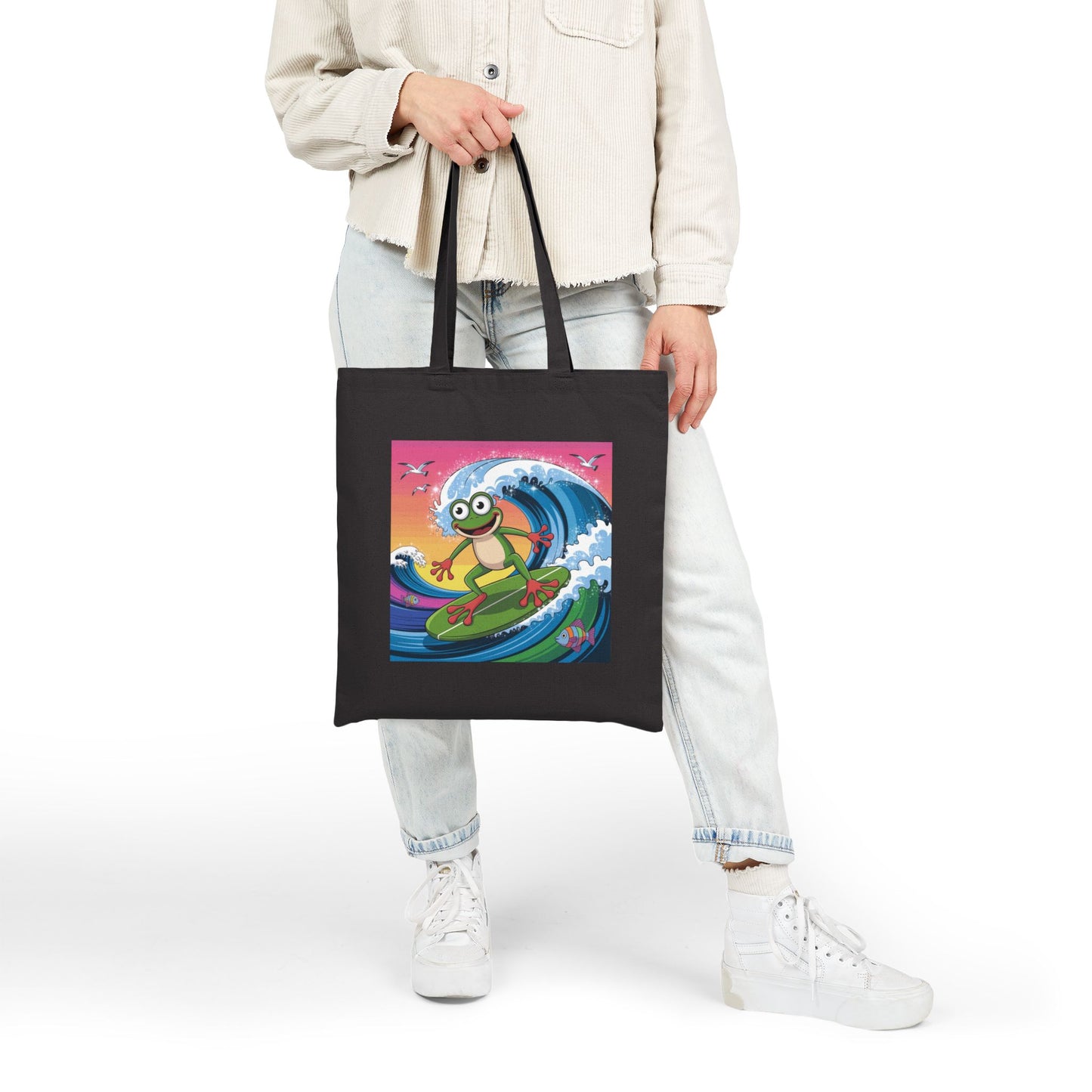 Surfing Frog Tote Bag, Beach Bag, Reusable Shopping Bag, Eco-Friendly Canvas Bag, Summer Vibes Tote, Fun Gift for Nature Lovers