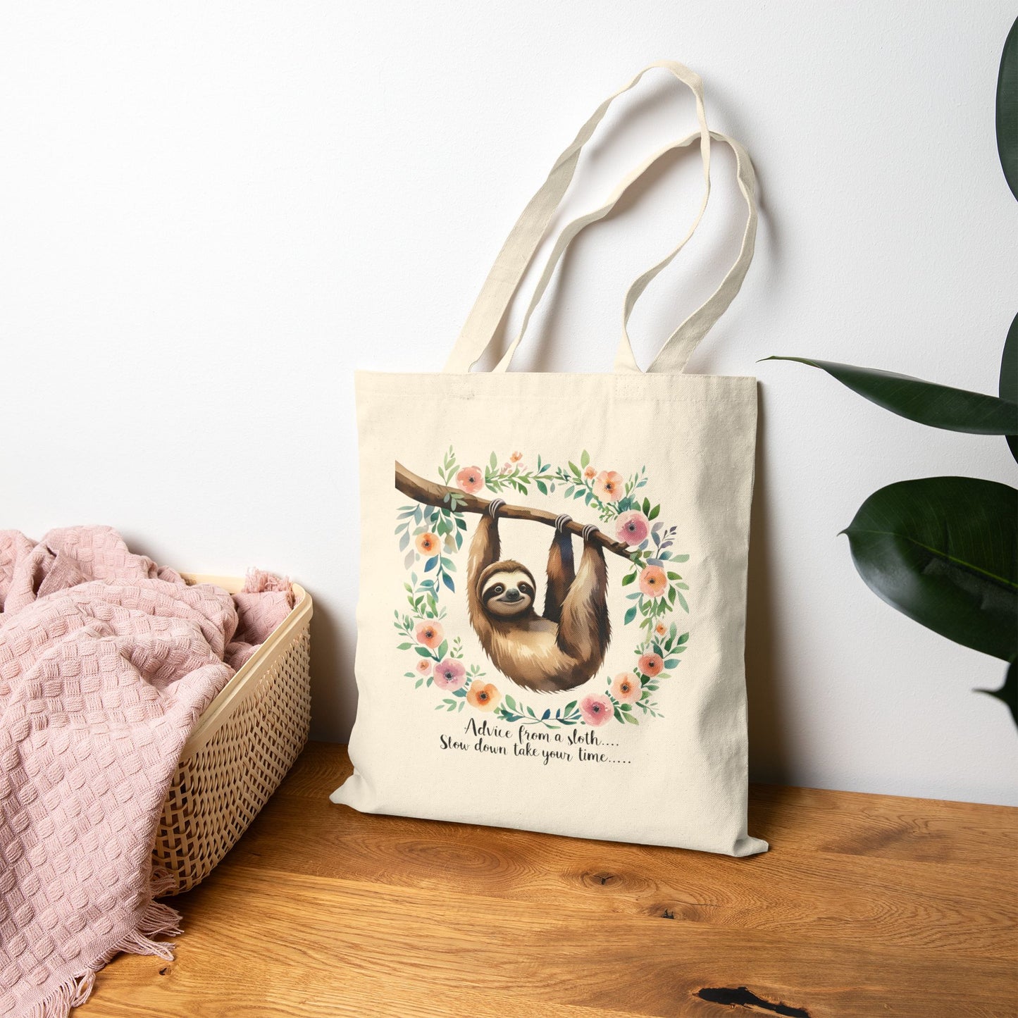 Sloth Canvas Tote Bag - Cute Reusable Shopping Bag, Eco-Friendly Gift, Beach Tote, Daily Use, Floral Design
