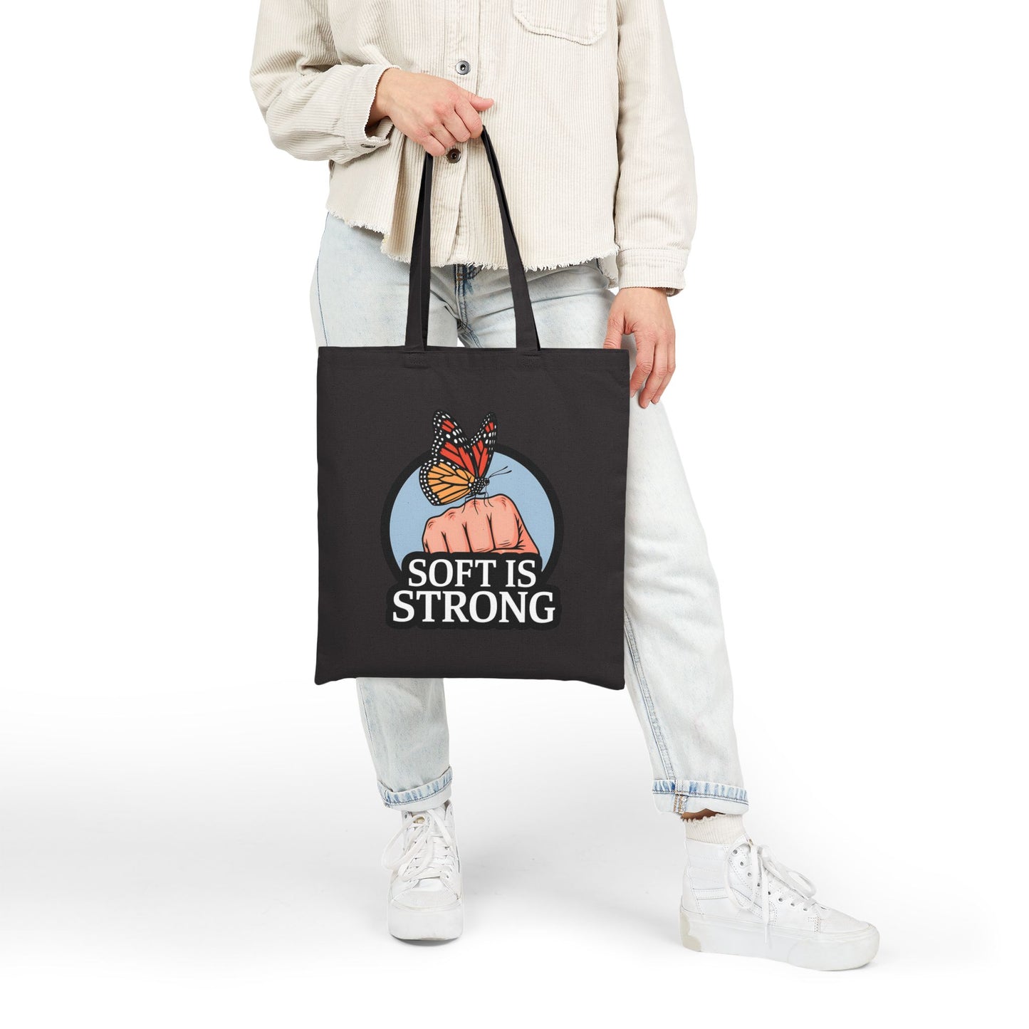 Empowering Canvas Tote Bag, Soft is Strong Quote, Butterfly Art, Eco-Friendly Shopping Bag, Gift for Her, Motivational Tote