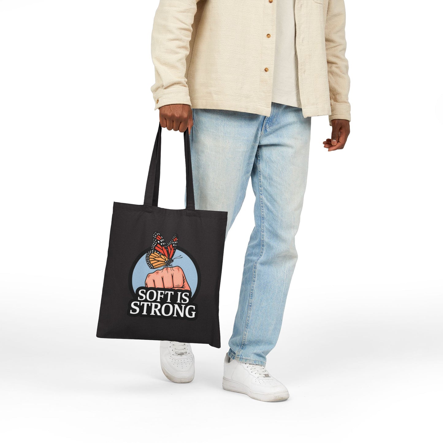 Empowering Canvas Tote Bag, Soft is Strong Quote, Butterfly Art, Eco-Friendly Shopping Bag, Gift for Her, Motivational Tote