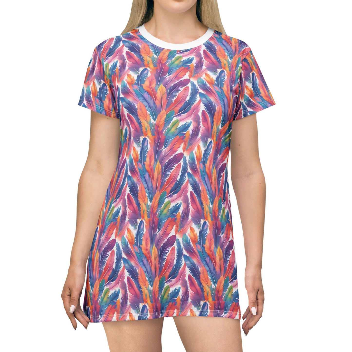 Colorful Feather T-Shirt Dress - Boho Style for Summer Fun
