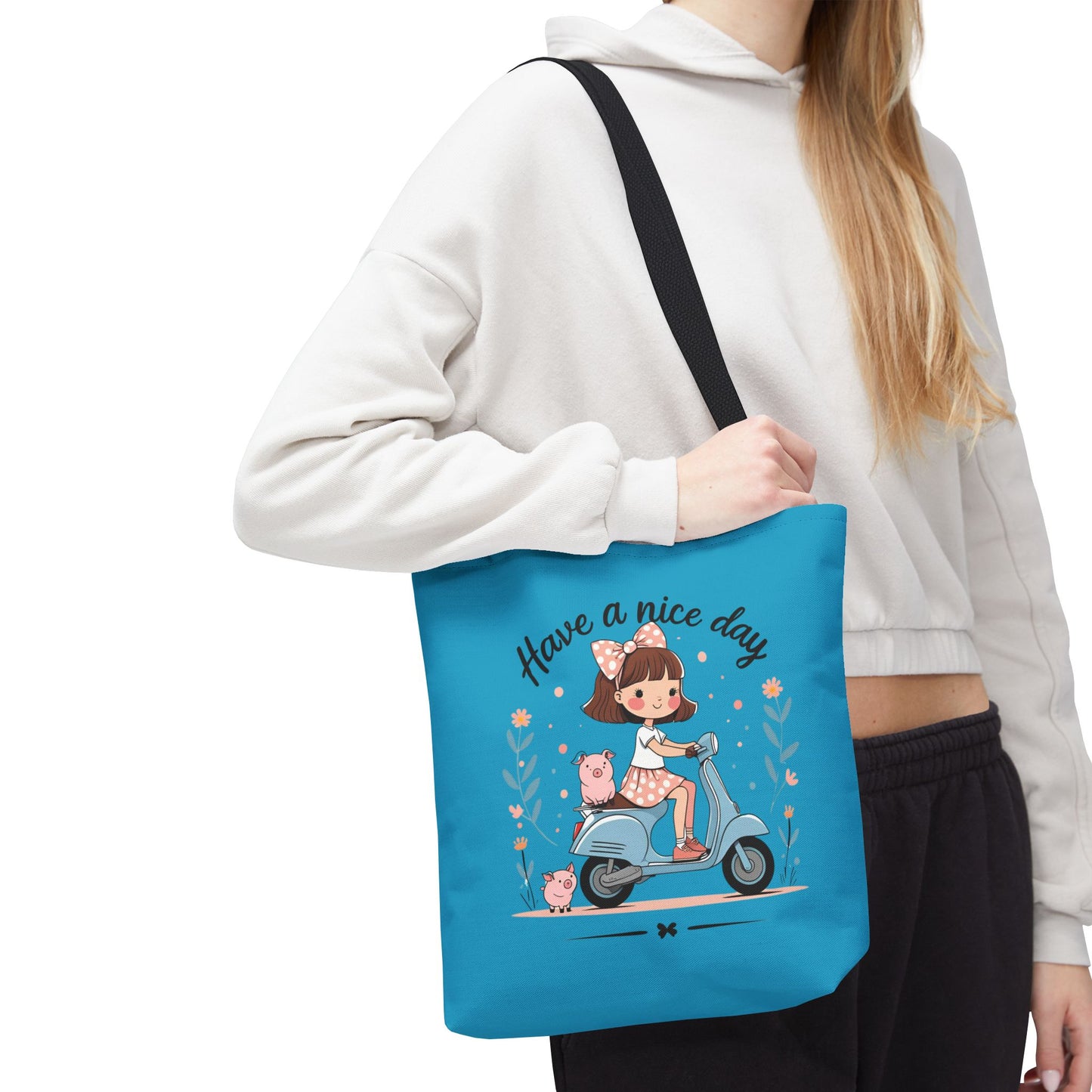 Playful Reminder Tote Bag, Girl on Scooter Bag, Cute AOP Tote, Everyday Use Bag, Gift for Kids, Fun Summer Accessory