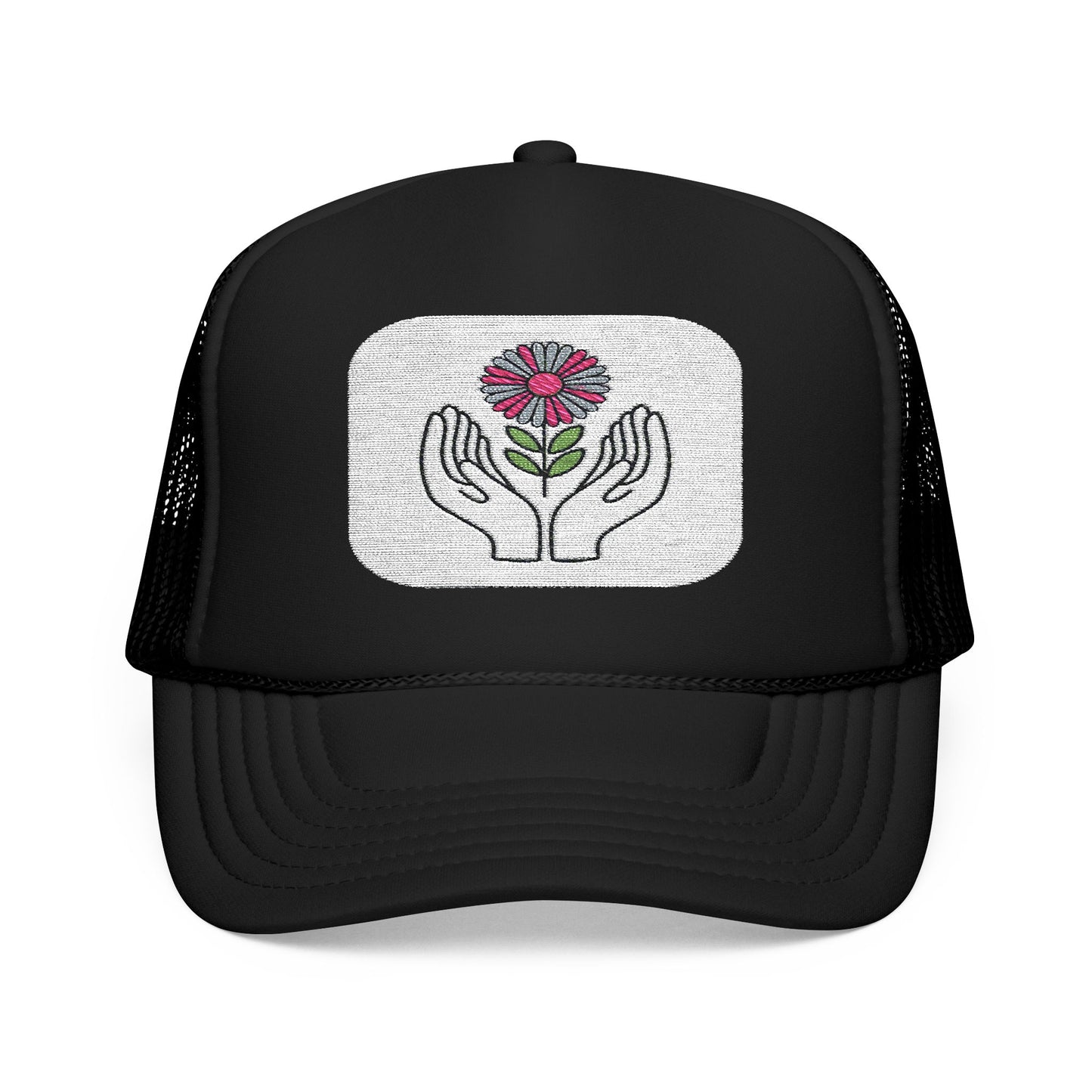 Hand-Embroidered Flower Foam Trucker Hat, Casual Outdoors Cap, Perfect for Garden Lovers, Eco-Friendly Gift, Everyday Fashion