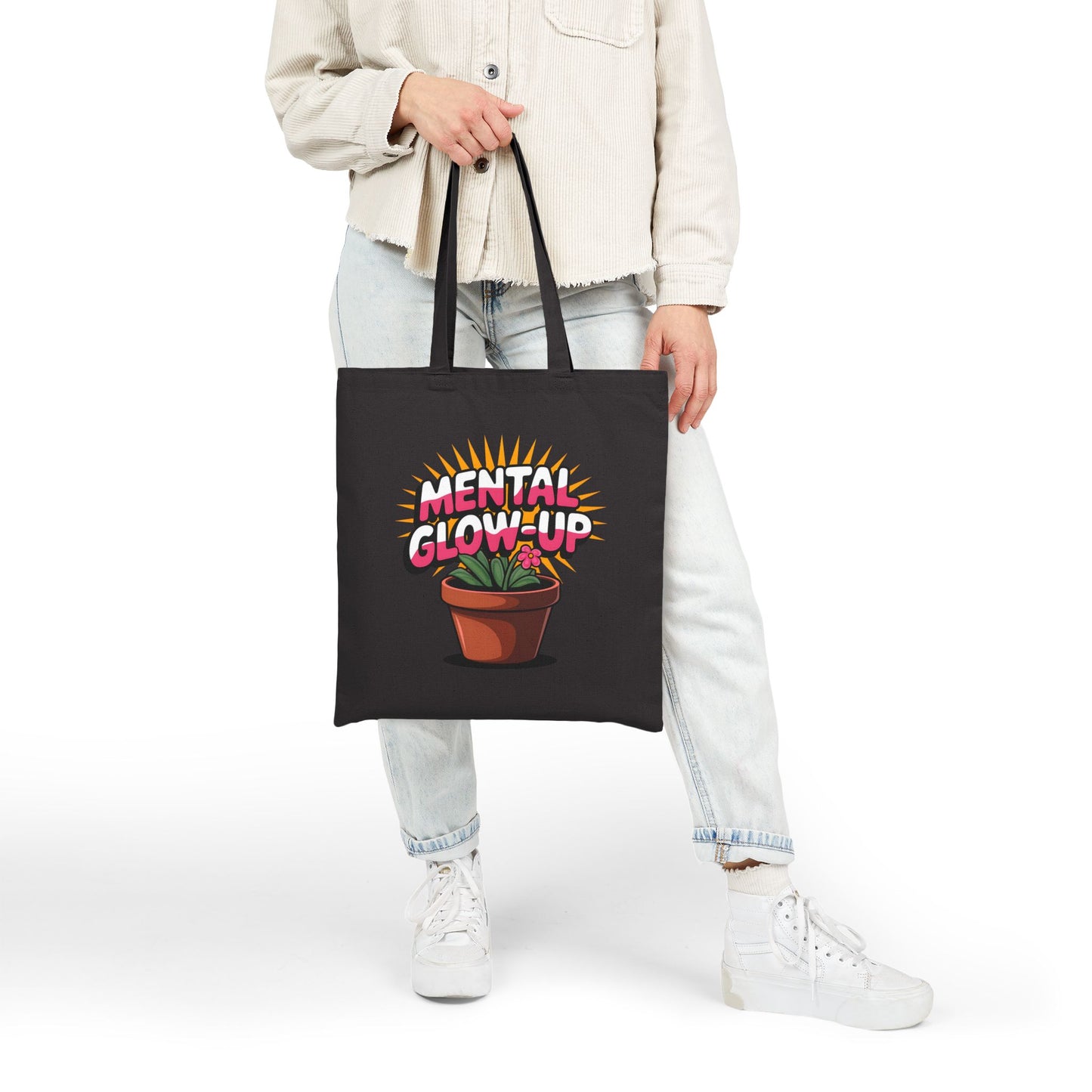 Mental Glow-Up Motivational Tote Bag | Eco-Friendly Cotton Carryall for Plant Lovers, Inspirational Gifts, Reusable Shopping Bag