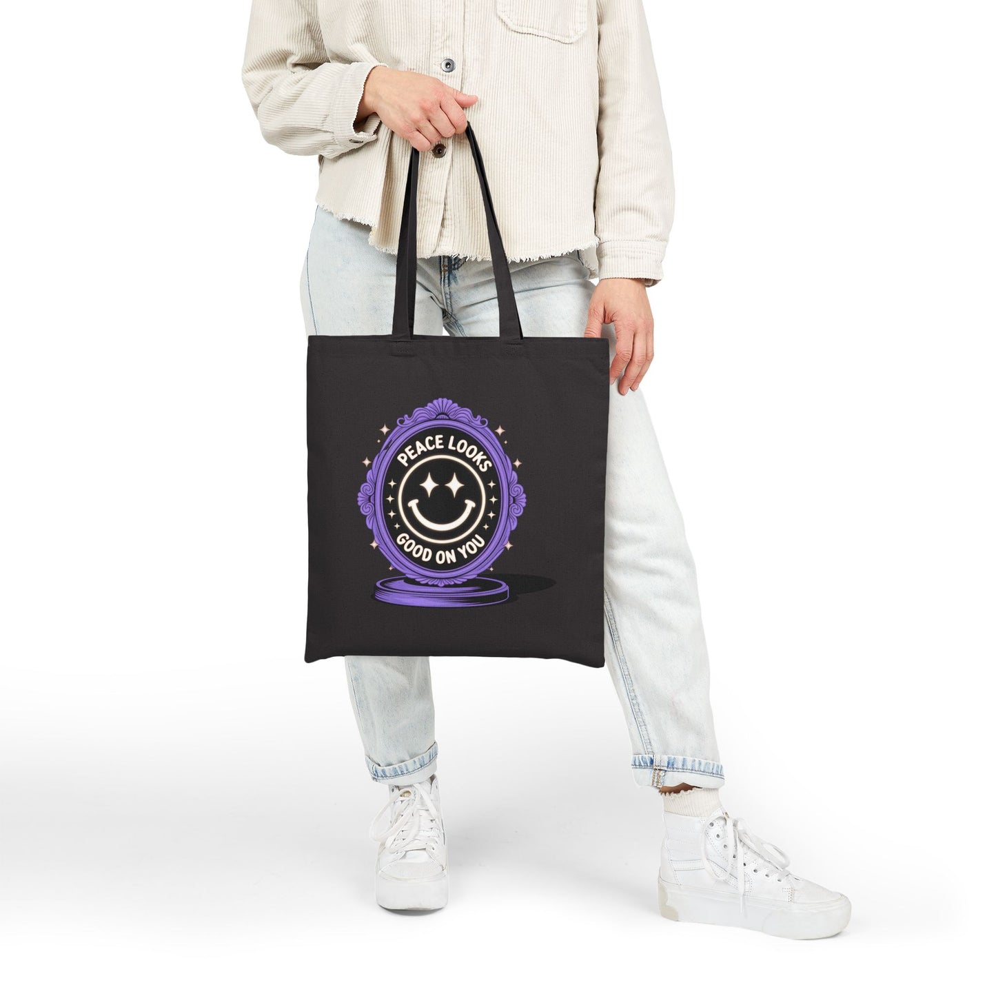 Peace Looks Good on You Tote Bag | Eco-friendly Canvas Bag | Boho Chic | Perfect Gift for Earth Day, Yoga Lovers, Trendy Shopping