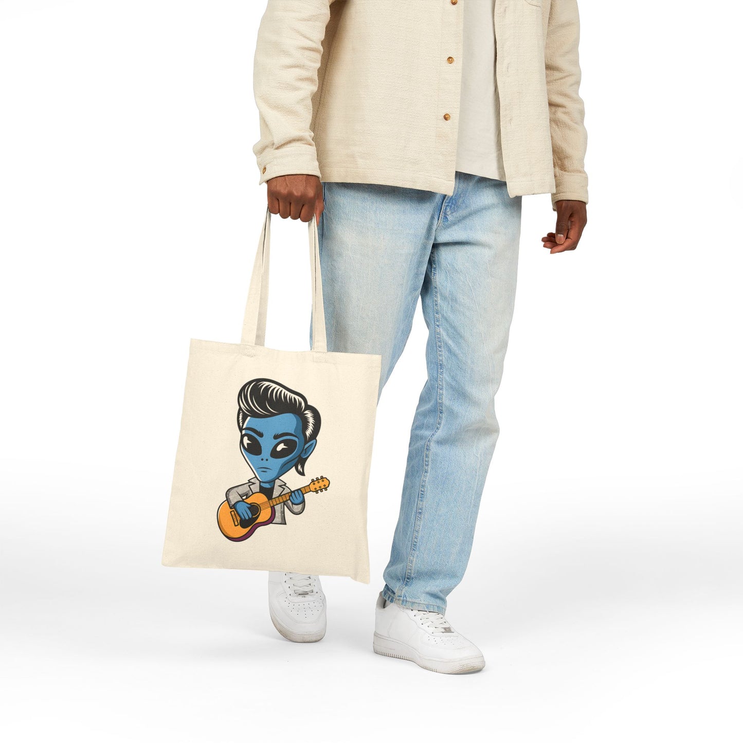 Alien Guitarist Cotton Canvas Tote Bag, Eco-Friendly Shopping Bag, Music Lover Gift, Cute and Quirky Tote, Festival Essential