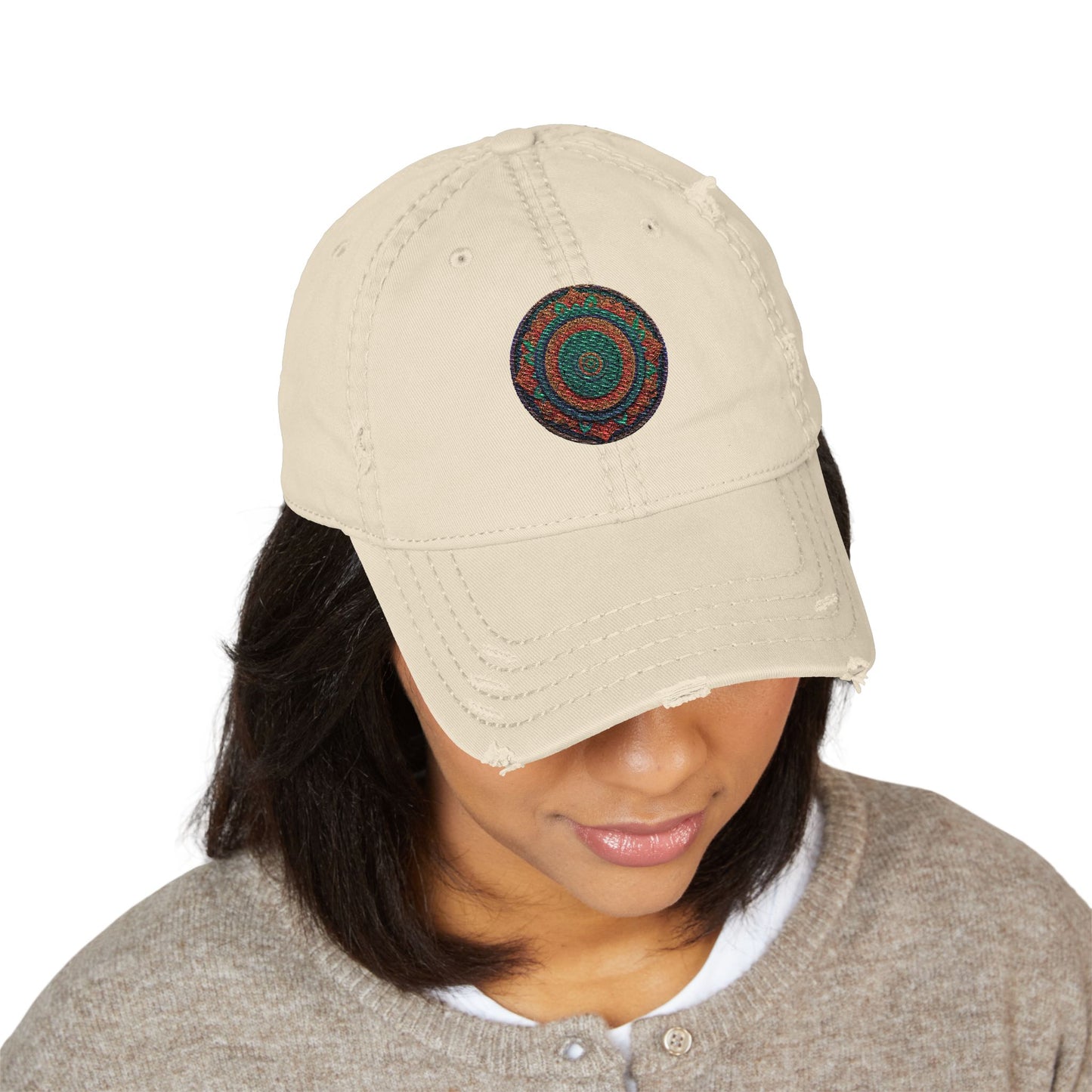 Distressed Dad Hat with Embroidered Colorful Circle - Casual Fashion Accessory