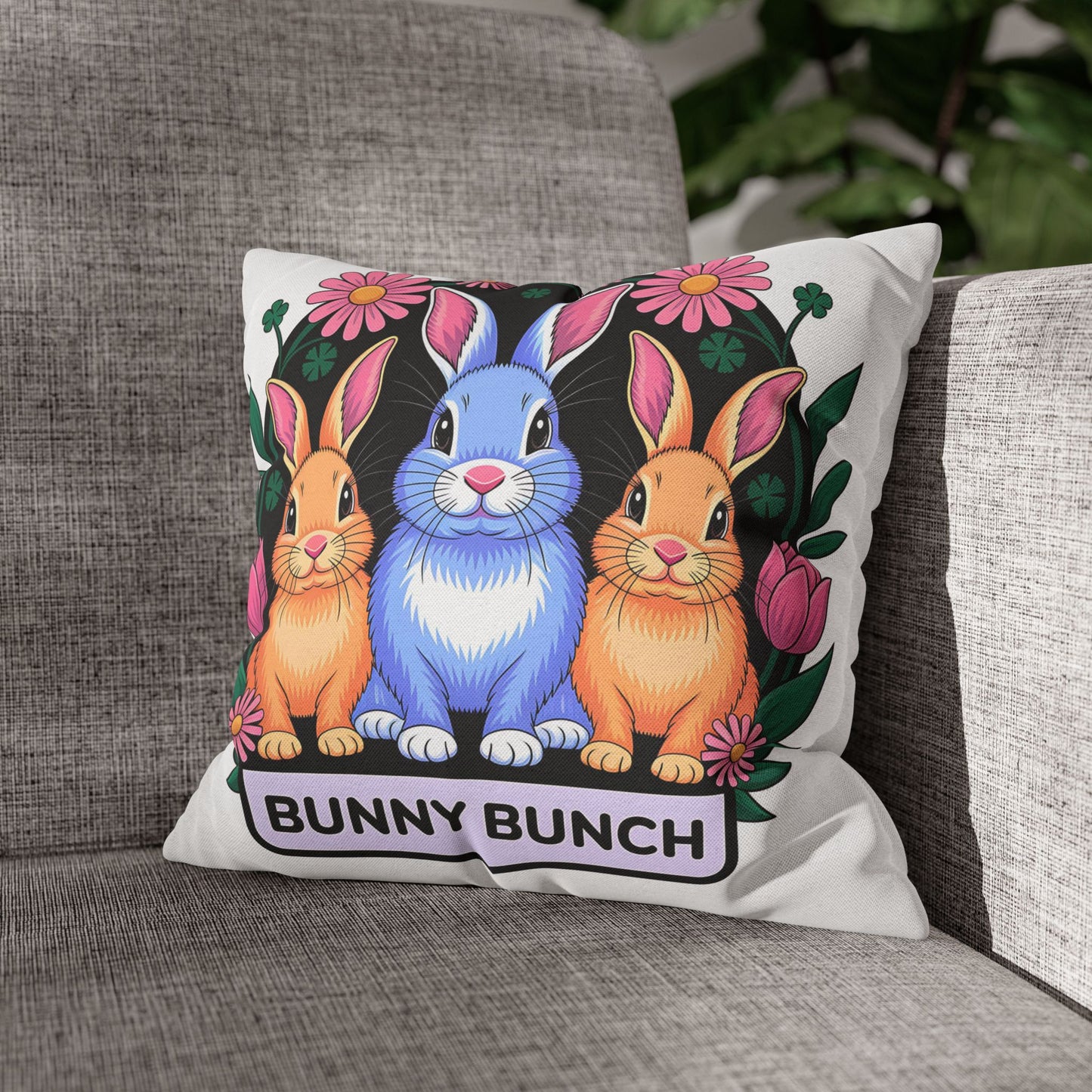 Bunny Bunch Pillowcase - Cute Rabbit Decorative Pillow for Easter and Spring