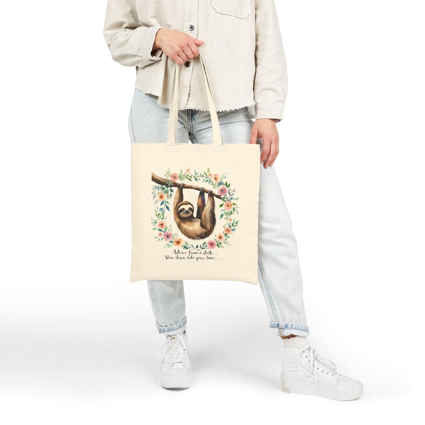 Sloth Canvas Tote Bag - Cute Reusable Shopping Bag, Eco-Friendly Gift, Beach Tote, Daily Use, Floral Design