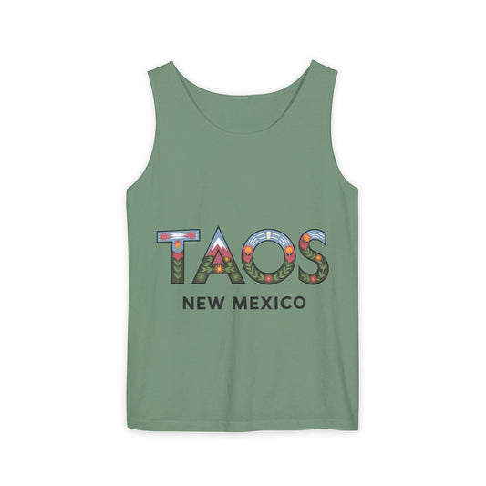 "TAOS New Mexico" Unisex Garment-Dyed Tank Top - Summer Vibes, Travel Souvenir, Casual Wear, Gift for Him/Her, Vacation Apparel