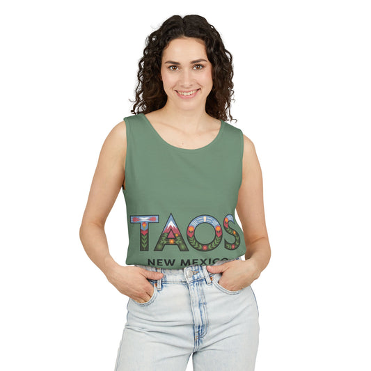 "TAOS New Mexico" Unisex Garment-Dyed Tank Top - Summer Vibes, Travel Souvenir, Casual Wear, Gift for Him/Her, Vacation Apparel