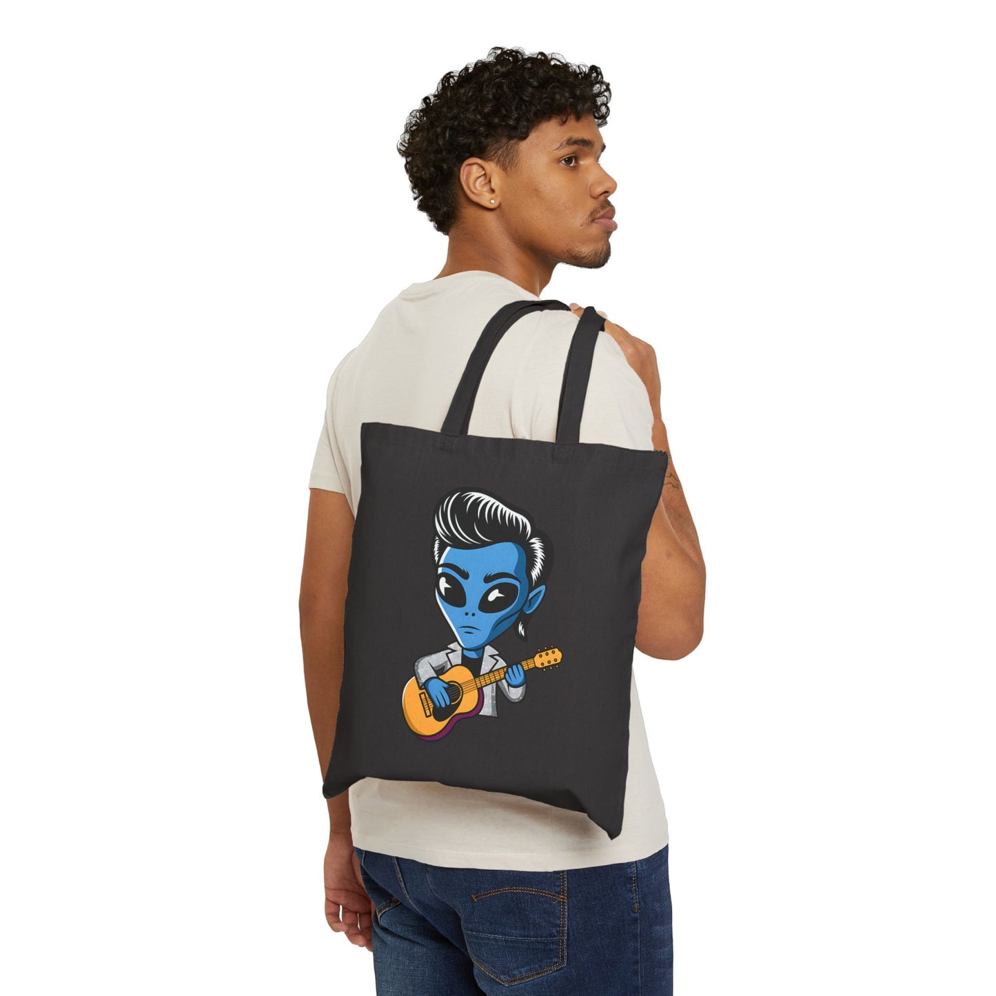 Alien Guitarist Cotton Canvas Tote Bag, Eco-Friendly Shopping Bag, Music Lover Gift, Cute and Quirky Tote, Festival Essential