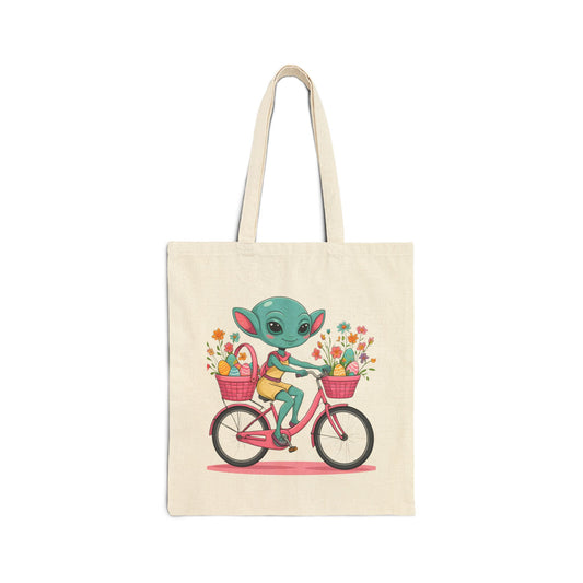 Whimsical Alien Bike Tote Bag, Reusable Shopping Bag, Eco-Friendly Gift, Fun Beach Bag, Cute Grocery Bag, Science Fiction Lovers