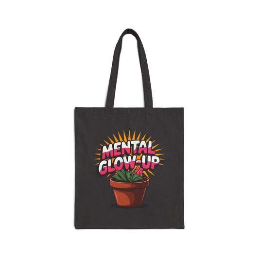 Mental Glow-Up Motivational Tote Bag | Eco-Friendly Cotton Carryall for Plant Lovers, Inspirational Gifts, Reusable Shopping Bag