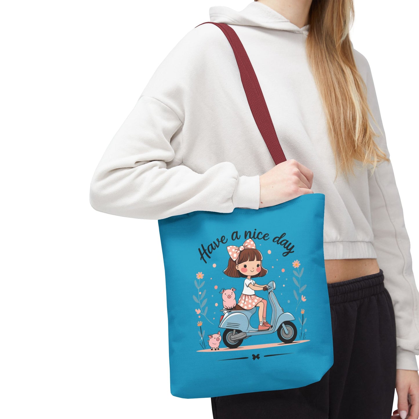 Playful Reminder Tote Bag, Girl on Scooter Bag, Cute AOP Tote, Everyday Use Bag, Gift for Kids, Fun Summer Accessory