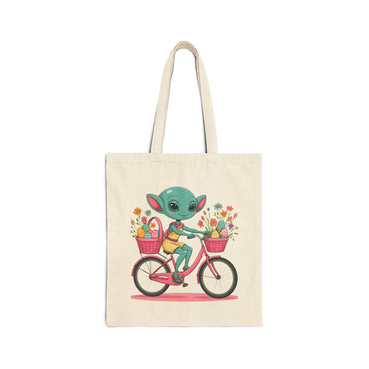 Whimsical Alien Bike Tote Bag, Reusable Shopping Bag, Eco-Friendly Gift, Fun Beach Bag, Cute Grocery Bag, Science Fiction Lovers