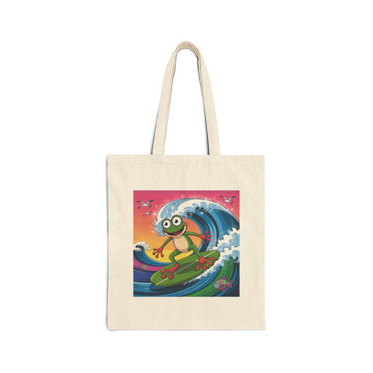 Surfing Frog Tote Bag, Beach Bag, Reusable Shopping Bag, Eco-Friendly Canvas Bag, Summer Vibes Tote, Fun Gift for Nature Lovers