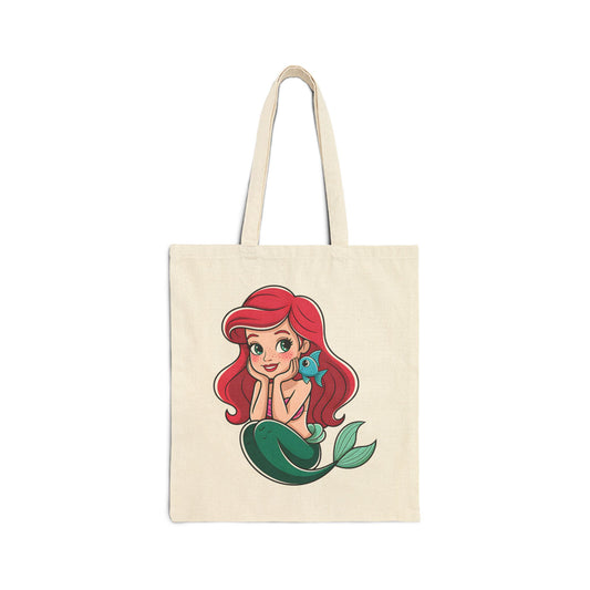 Mermaid Themed Cotton Canvas Tote Bag, Eco-Friendly Shopping Bag, Beach Tote, Gift for Ocean Lovers, Cute Drawstring Bag