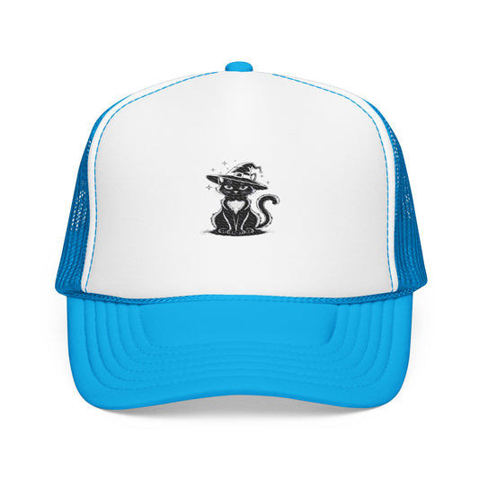 Spooky Cat Foam Trucker Hat, Cat Lover Gift, Halloween Apparel, Customized Hat, Embroidered Cap