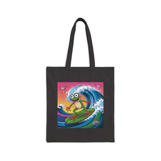 Surfing Frog Tote Bag, Beach Bag, Reusable Shopping Bag, Eco-Friendly Canvas Bag, Summer Vibes Tote, Fun Gift for Nature Lovers