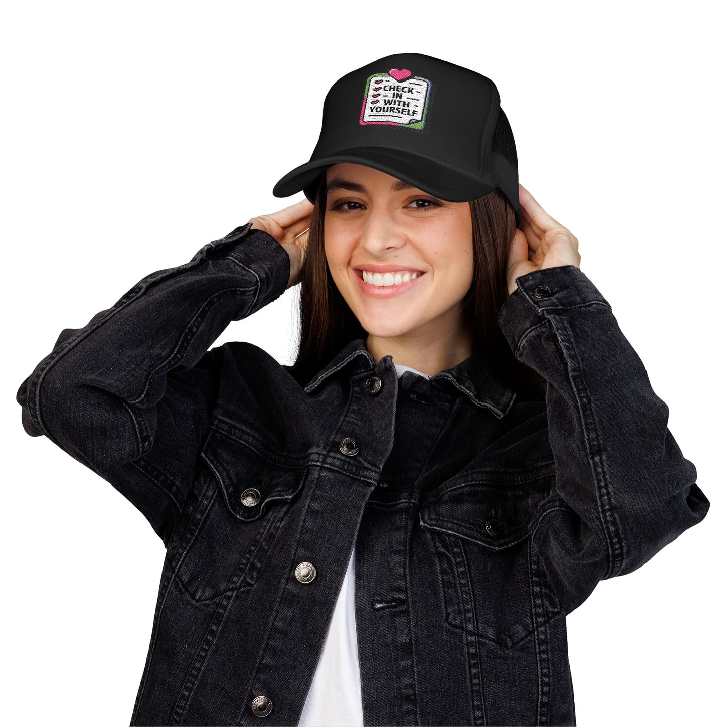 Check-In Yourself Foam Trucker Hat, Embroidered Hat, Inspirational Gift, Self-Care Hat, Mental Health Awareness, Casual Fashion
