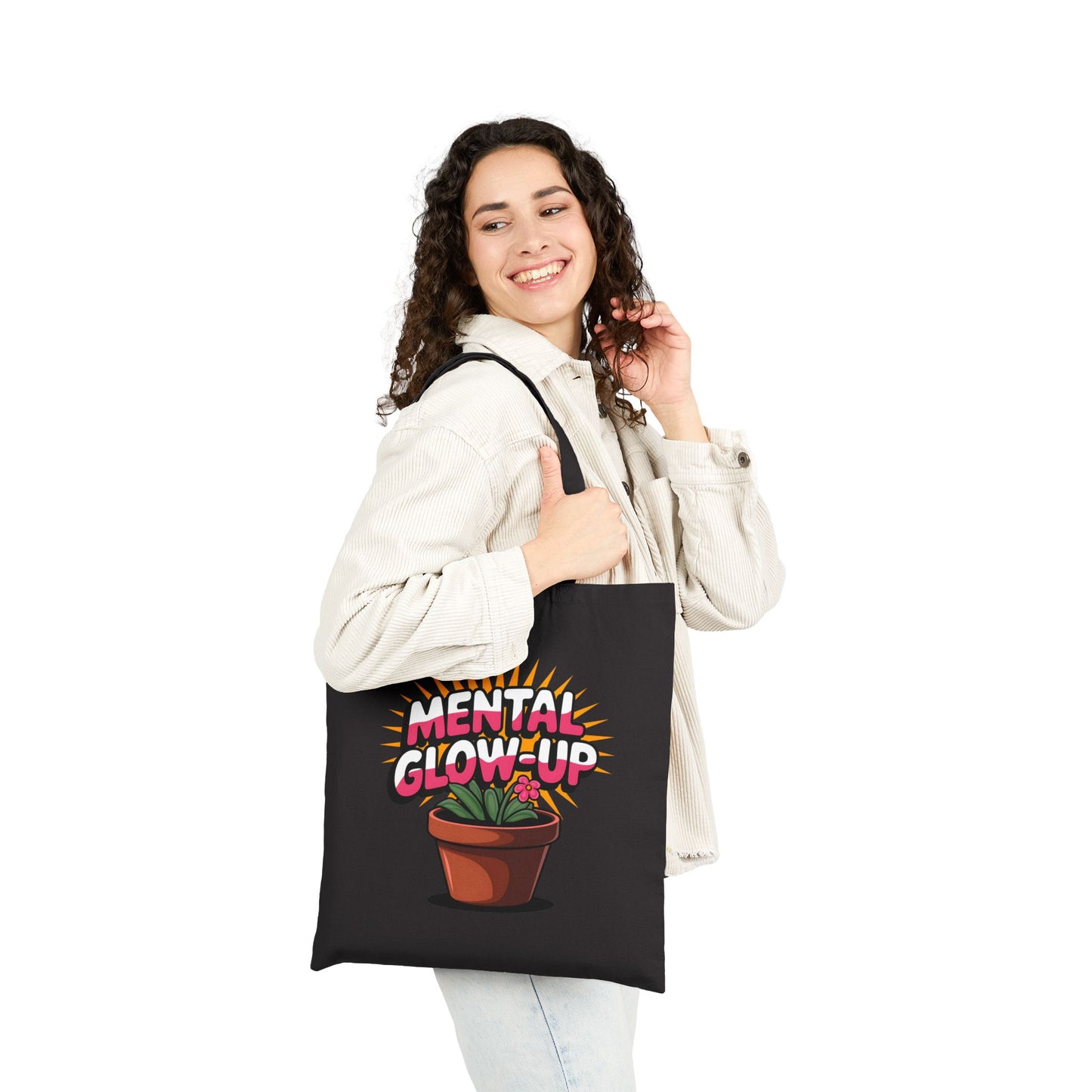 Mental Glow-Up Motivational Tote Bag | Eco-Friendly Cotton Carryall for Plant Lovers, Inspirational Gifts, Reusable Shopping Bag
