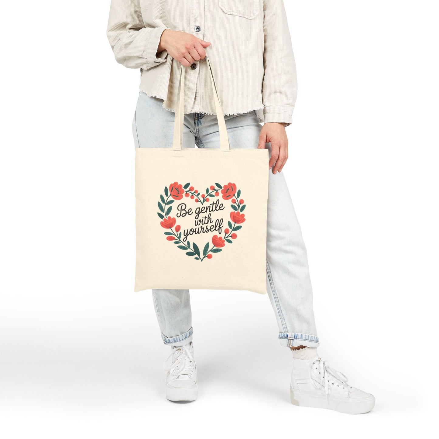 Heartfelt Cotton Canvas Tote Bag | Be Gentle with Yourself | Eco-Friendly Shopping Bag, Gift for Her, Self-Care Reminder, Floral Tote