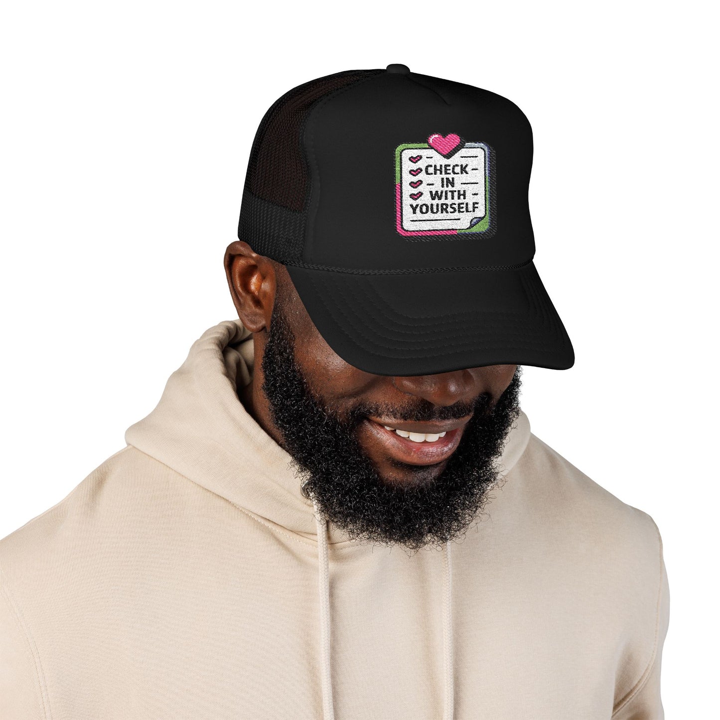 Check-In Yourself Foam Trucker Hat, Embroidered Hat, Inspirational Gift, Self-Care Hat, Mental Health Awareness, Casual Fashion
