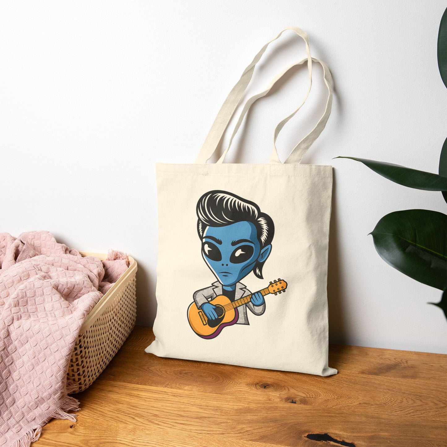 Alien Guitarist Cotton Canvas Tote Bag, Eco-Friendly Shopping Bag, Music Lover Gift, Cute and Quirky Tote, Festival Essential