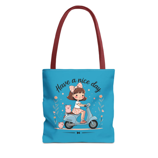 Playful Reminder Tote Bag, Girl on Scooter Bag, Cute AOP Tote, Everyday Use Bag, Gift for Kids, Fun Summer Accessory