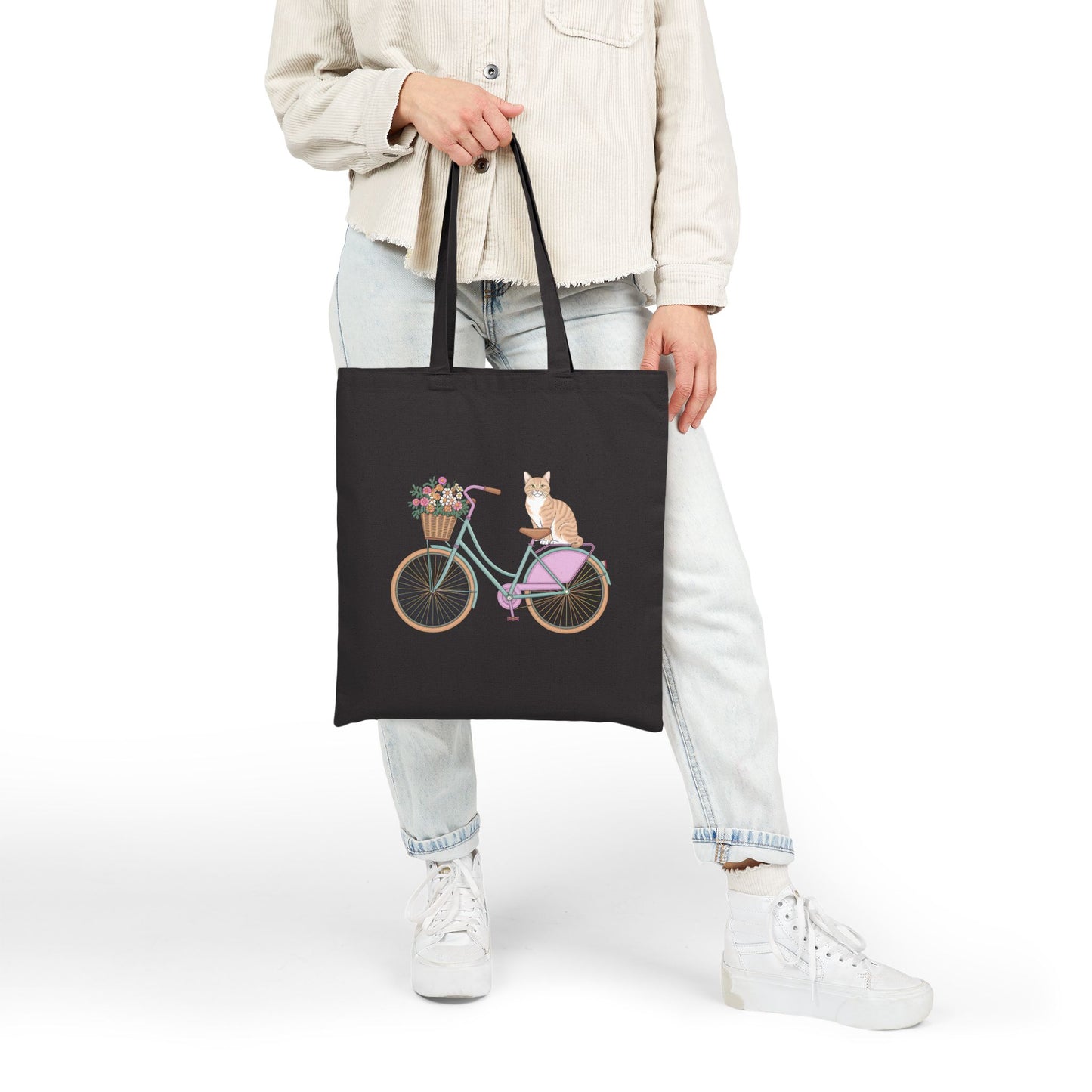 Whimsical Cat on Bicycle Tote Bag, Cute Pet Lovers Gift, Eco-Friendly Shopping Bag, Day Out Tote, Bicycle Lovers Gift