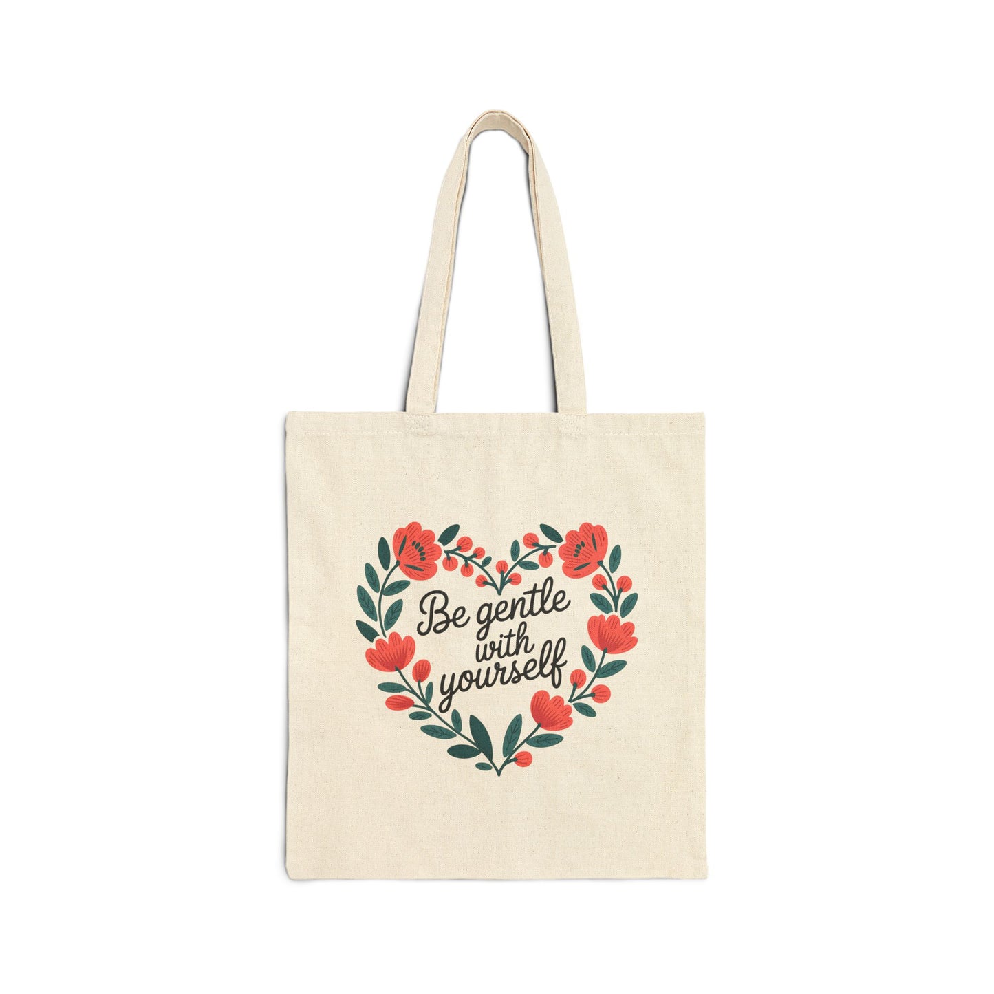 Heartfelt Cotton Canvas Tote Bag | Be Gentle with Yourself | Eco-Friendly Shopping Bag, Gift for Her, Self-Care Reminder, Floral Tote