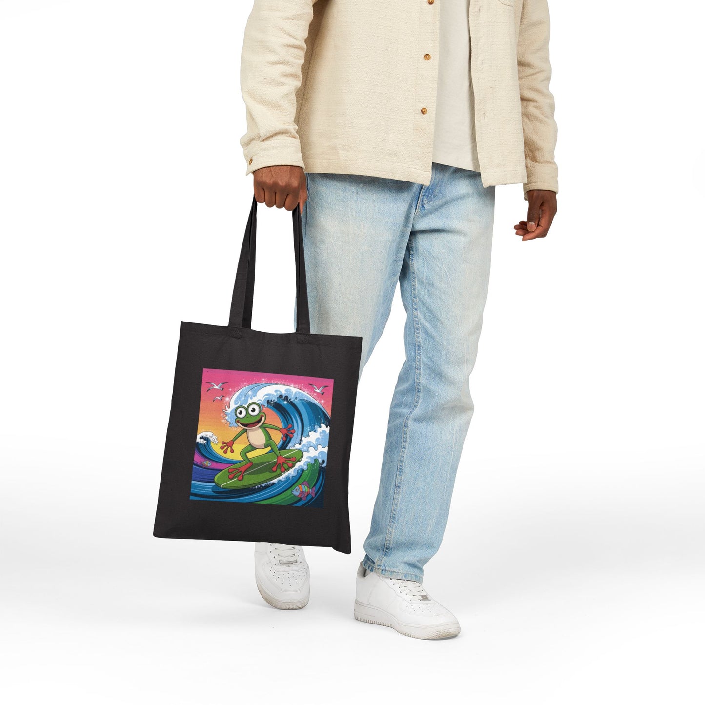 Surfing Frog Tote Bag, Beach Bag, Reusable Shopping Bag, Eco-Friendly Canvas Bag, Summer Vibes Tote, Fun Gift for Nature Lovers
