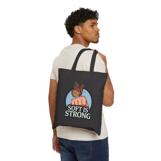 Empowering Canvas Tote Bag, Soft is Strong Quote, Butterfly Art, Eco-Friendly Shopping Bag, Gift for Her, Motivational Tote
