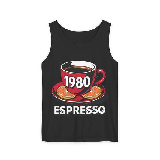 1980 Espresso Unisex Garment-Dyed Tank Top - Vintage Coffee Lover Gift, Summer Fashion, Coffee Shop Wear, Casual Outing Apparel, Retro Style