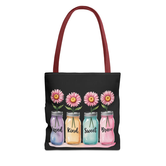 Vibrant Floral Tote Bag | Loved, Kind, Sweet, Brave | Gift, Eco-Friendly, Shopping, Beach Bag, Inspirational