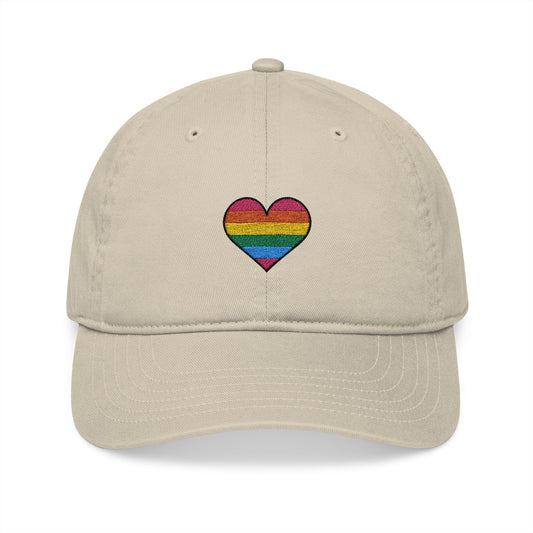 Rainbow Heart Embroidered Organic Baseball Cap, Eco-Friendly Hat, LGBTQ+ Pride Gift, Casual Summer Accessory, Unisex Cap