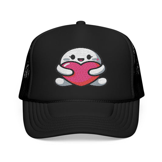 Cute Heart Hugging Foam Trucker Hat | Embroidered Hat | Gift for Loved Ones | Casual Outfit Accessory | Valentine’s Day | Birthday Hat