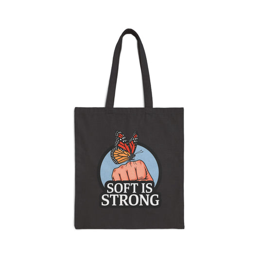 Empowering Canvas Tote Bag, Soft is Strong Quote, Butterfly Art, Eco-Friendly Shopping Bag, Gift for Her, Motivational Tote