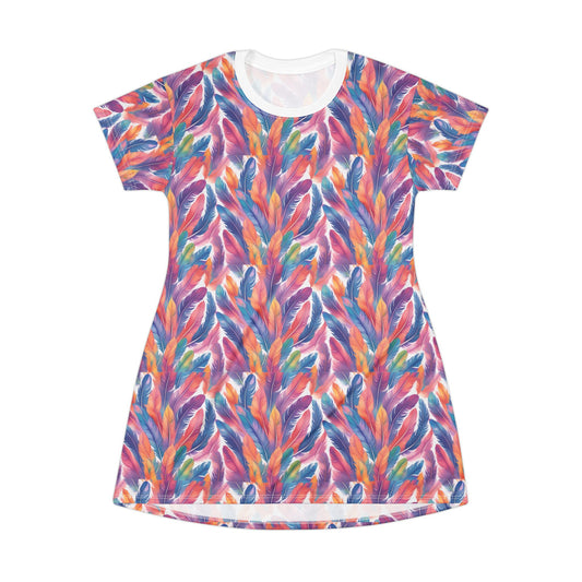 Colorful Feather T-Shirt Dress - Boho Style for Summer Fun