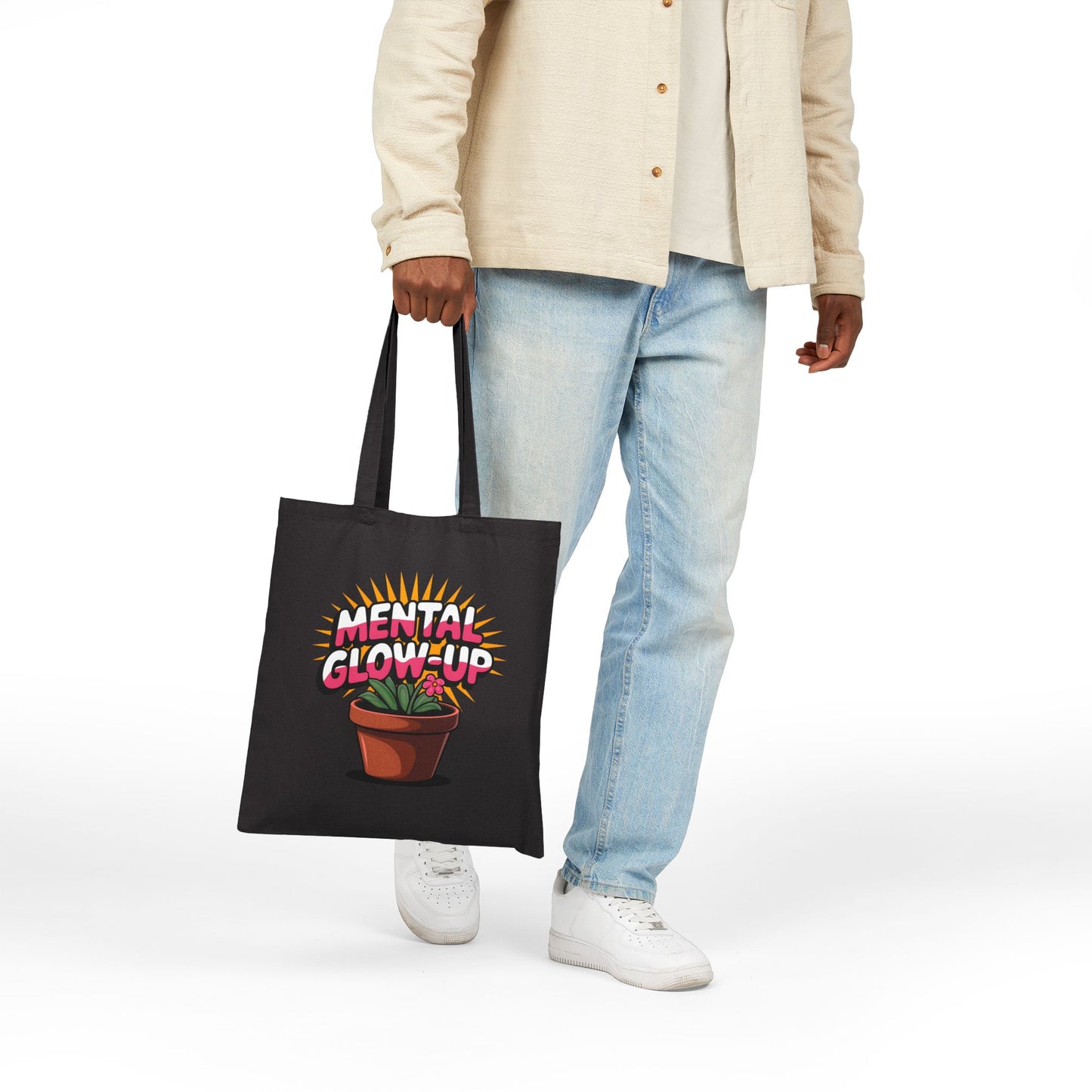 Mental Glow-Up Motivational Tote Bag | Eco-Friendly Cotton Carryall for Plant Lovers, Inspirational Gifts, Reusable Shopping Bag