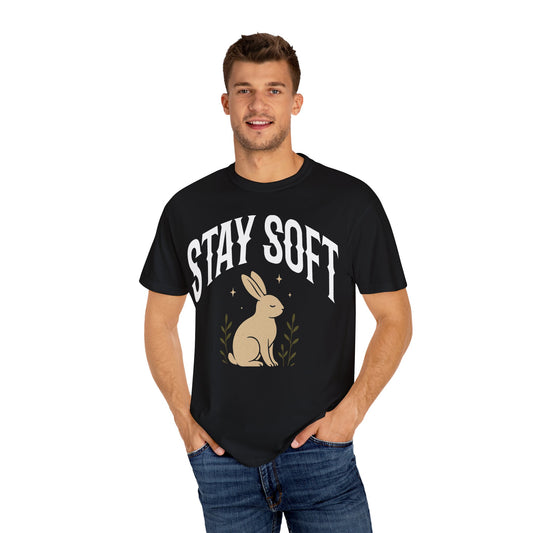 Stay Soft Unisex Garment-Dyed T-Shirt, Cute Rabbit Design Tee for Animal Lovers, Cozy Casual Wear, Gift for Friends, Nature Vibe Clothing