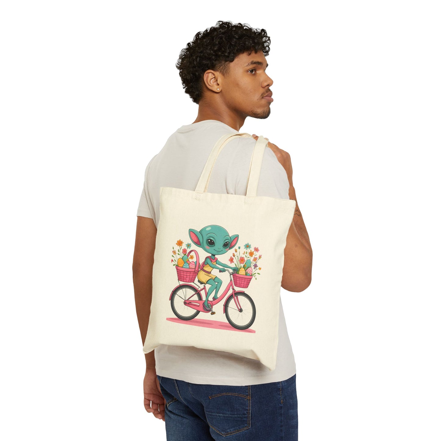 Whimsical Alien Bike Tote Bag, Reusable Shopping Bag, Eco-Friendly Gift, Fun Beach Bag, Cute Grocery Bag, Science Fiction Lovers